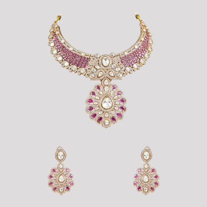 Exquisite pink and white stone-studded necklace set with matching earrings.