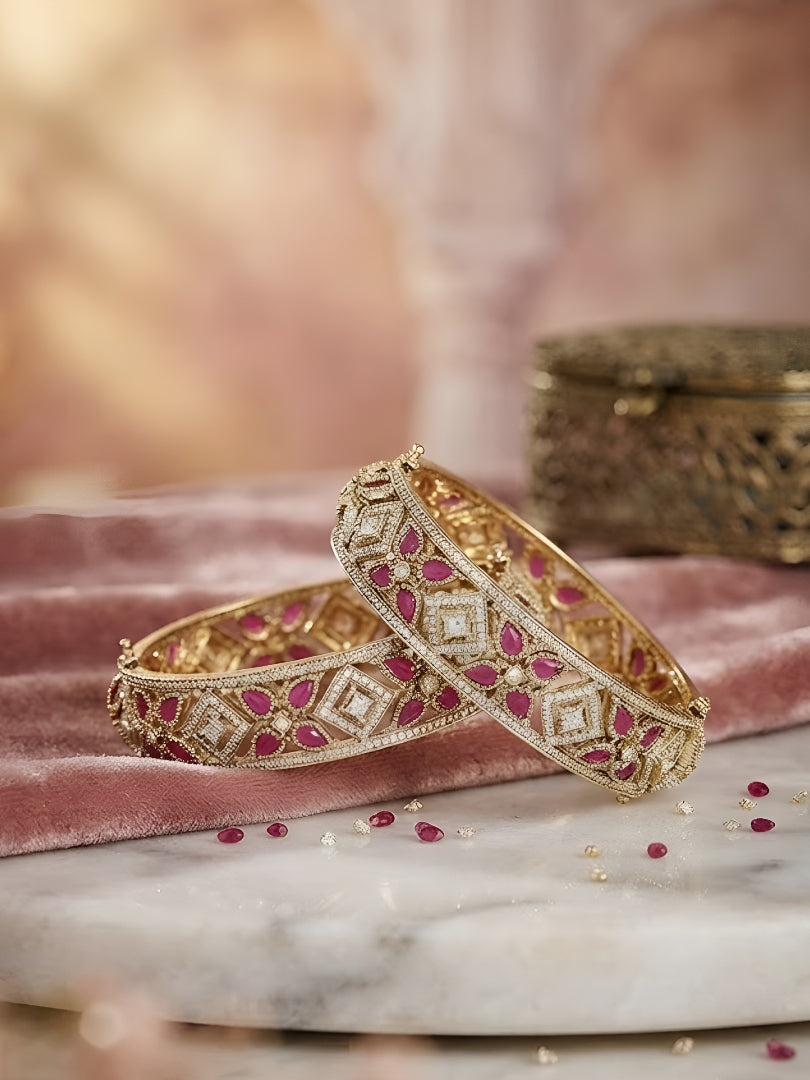 "Gold Kundan bangle set with ruby stones – bridal jewelry"