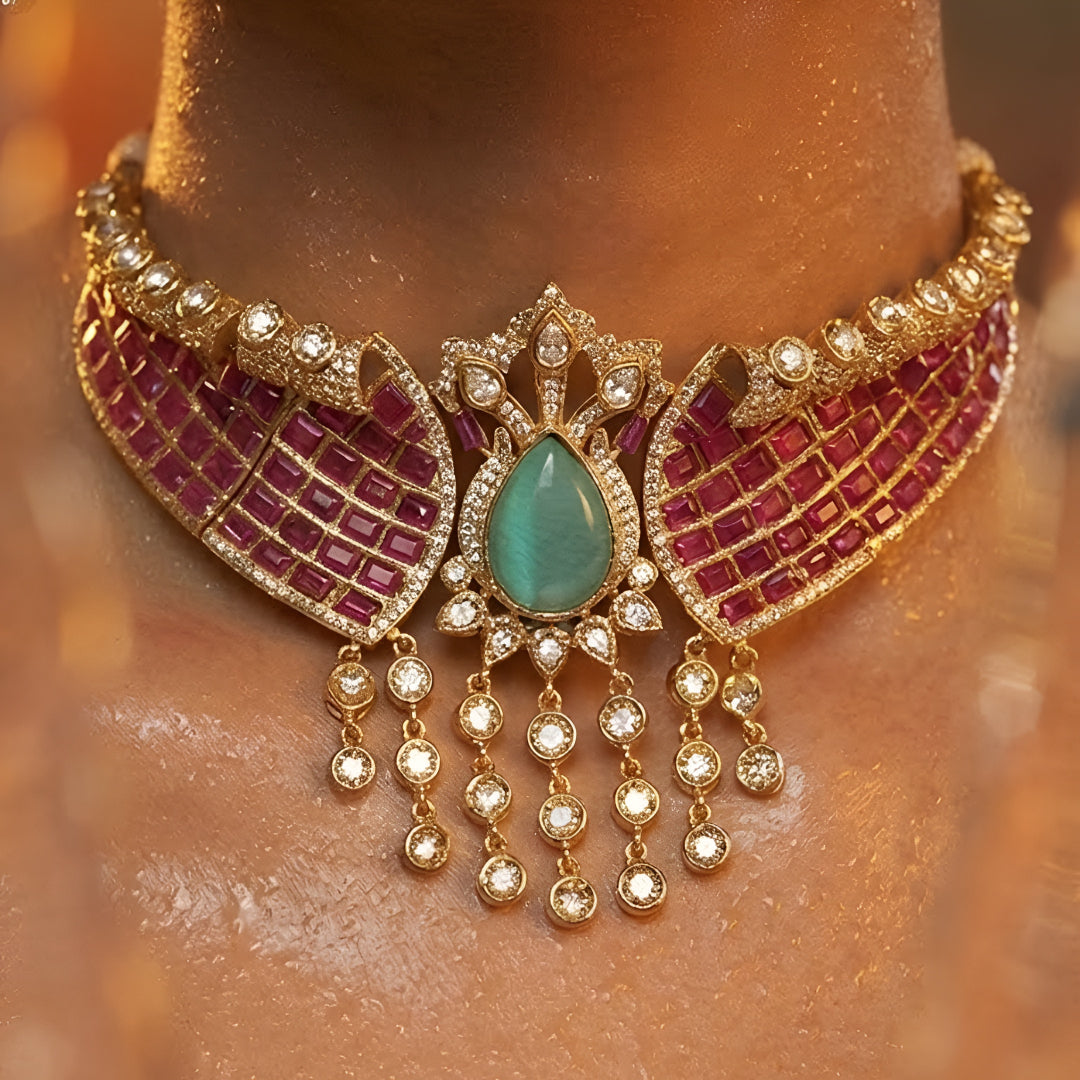 Royal Pink Kundan Choker Necklace Set with Green Stone & Pearl Drop Earrings for Women