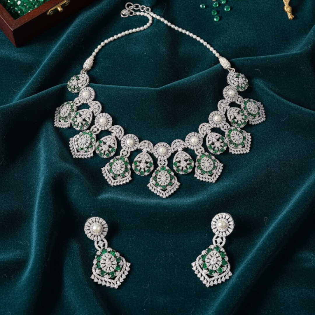 Silver and Green CZ Stone-Plated Designer Necklace Set with Matching Earrings for Women