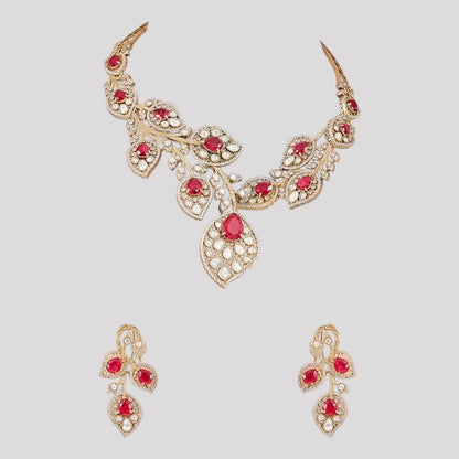 Elegant red and white stone necklace set with matching earrings, featuring a leaf-inspired design.