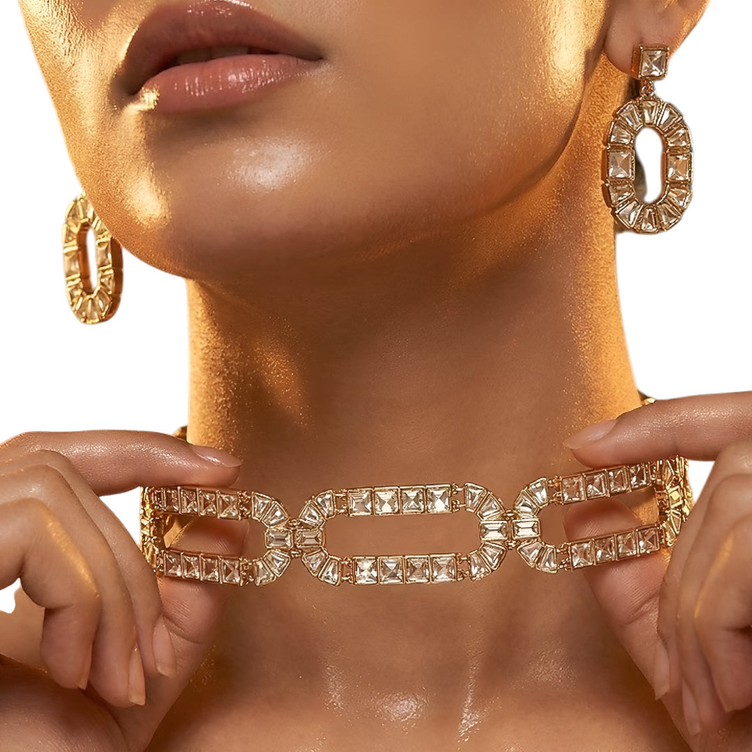 Gold-Plated Geometric Crystal Statement Necklace Set with Matching Earrings for Women