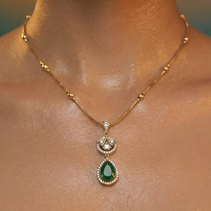 Gold-Plated Emerald Green Teardrop Crystal Pendant Necklace Set with Matching Earrings for Women