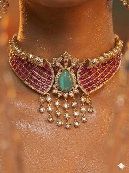 Royal pink Kundan choker necklace set with green teardrop stone, pearl danglers, and matching earrings in gold-plated finish.