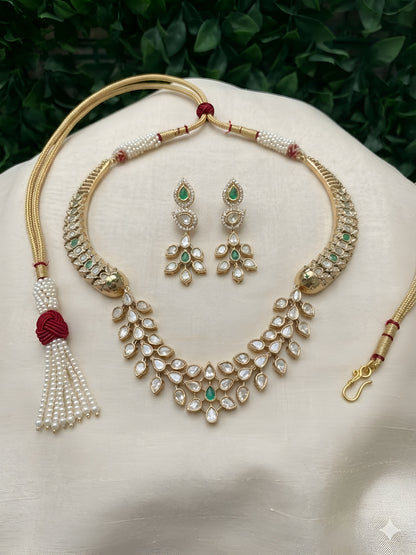 Elegant Kundan Polki Necklace Set with Green Stones & Pearl Tassel – Bridal Traditional Jewellery
