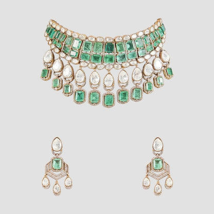 “Green stone and Kundan gold-plated choker necklace set with earrings”