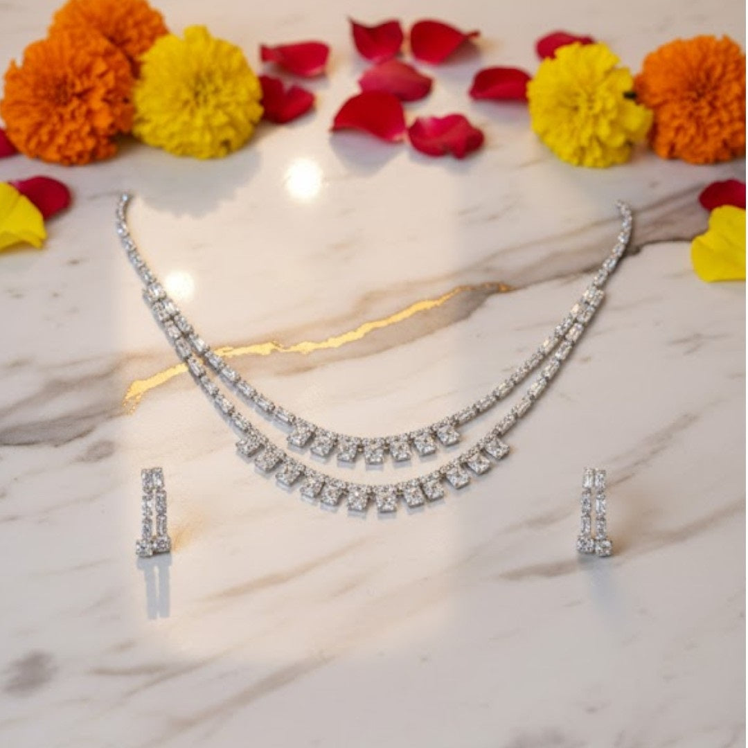 Elegant American Diamond Necklace and Earrings Set Displayed on Red Velvet Stand
