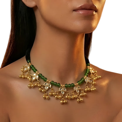 Traditional Gold-Plated Green Beaded Kundan Choker Necklace for Women