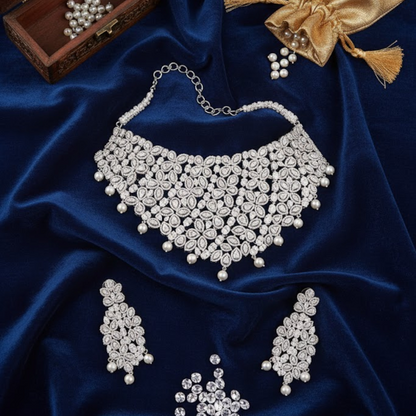 Diamond and pearl choker necklace set with silver plating and floral design – bridal jewelry set for women