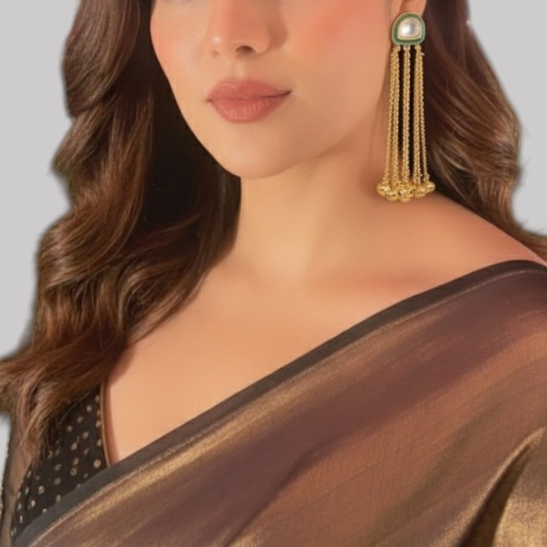 Minimalist Green Kundan Stud with Multi-Chain Golden Dangler Earrings