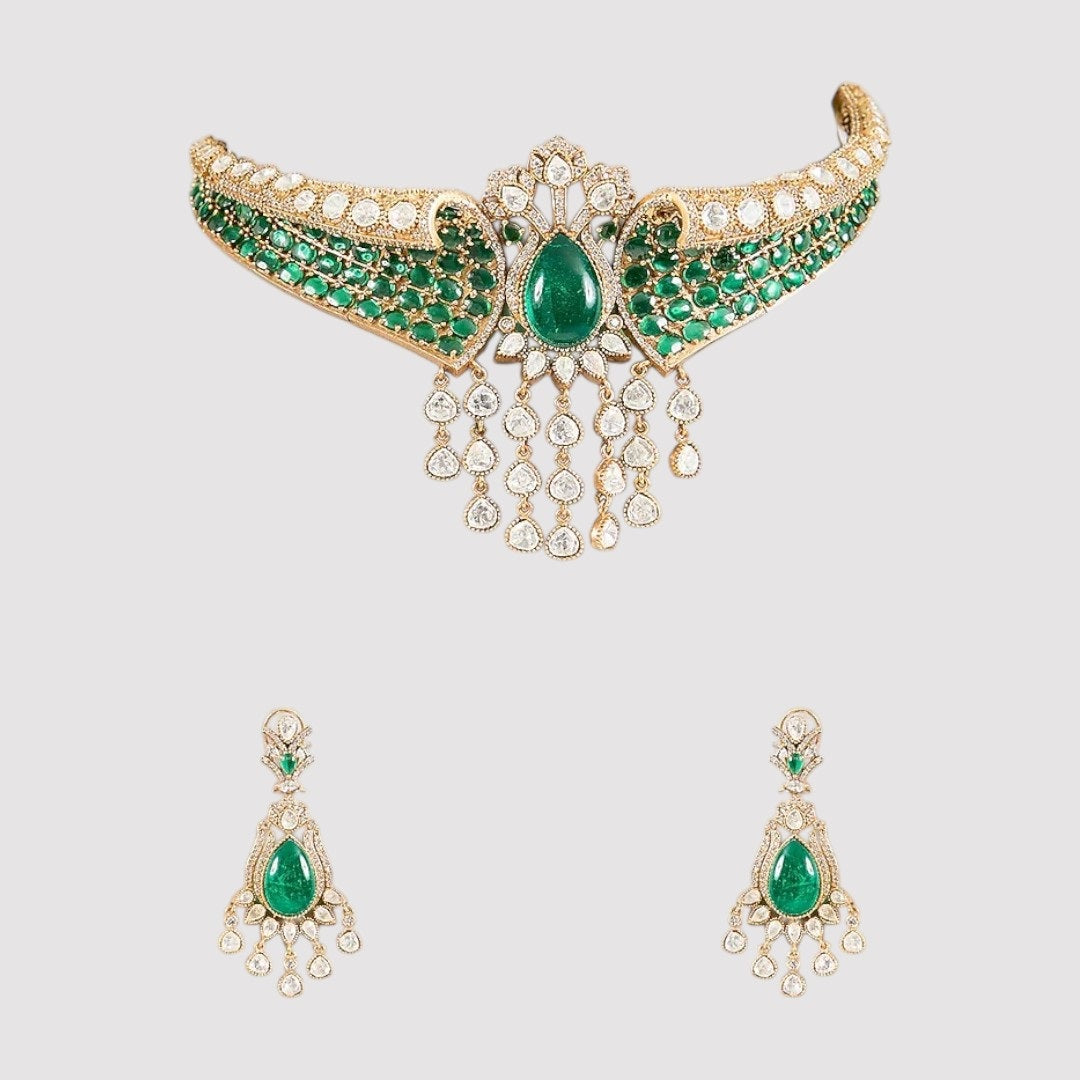 “Gold-plated green stone Kundan choker necklace set with dangling drops”