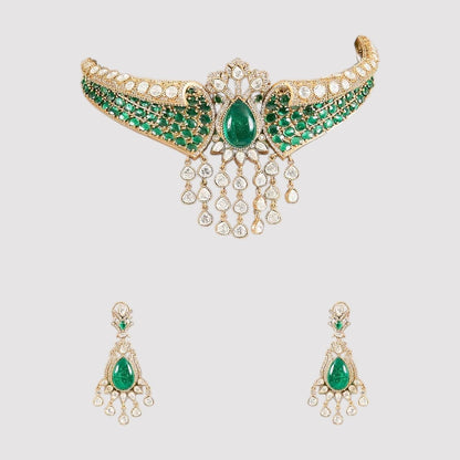 “Gold-plated green stone Kundan choker necklace set with dangling drops”