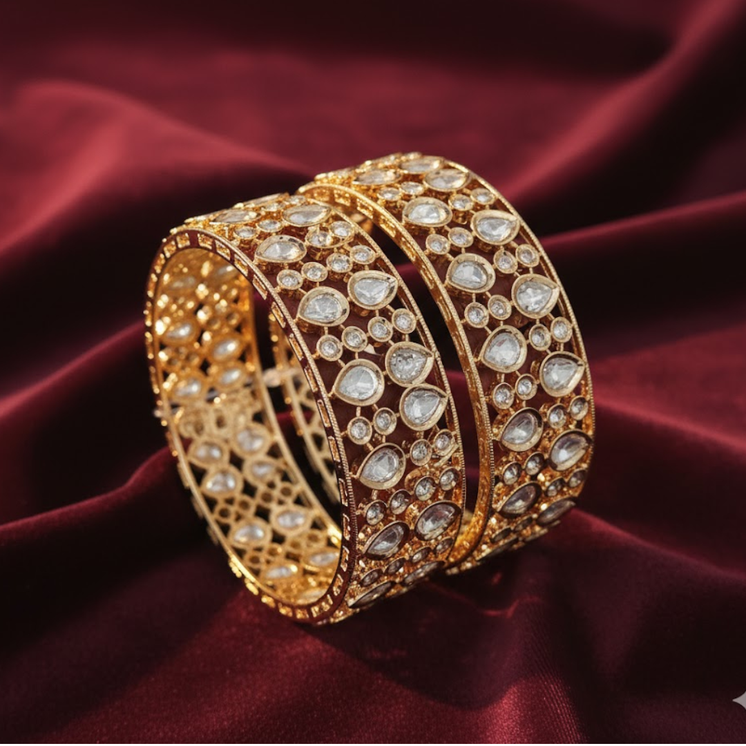 Elegant gold plated wide Kundan Polki bangles for women – bridal and festive jewelry set