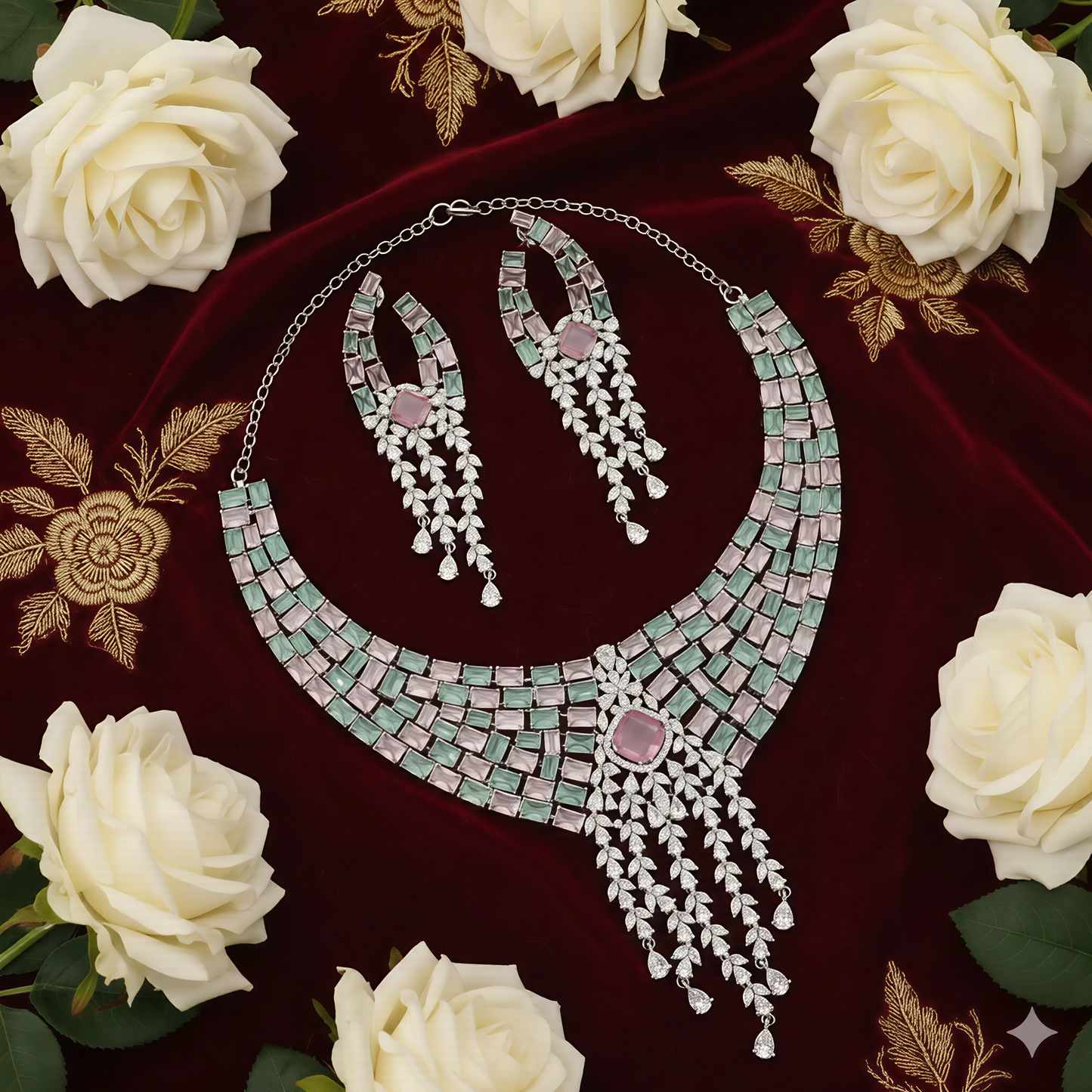 Pastel Green & Pink Stone Studded Silver Polish Choker Necklace Set with Earrings