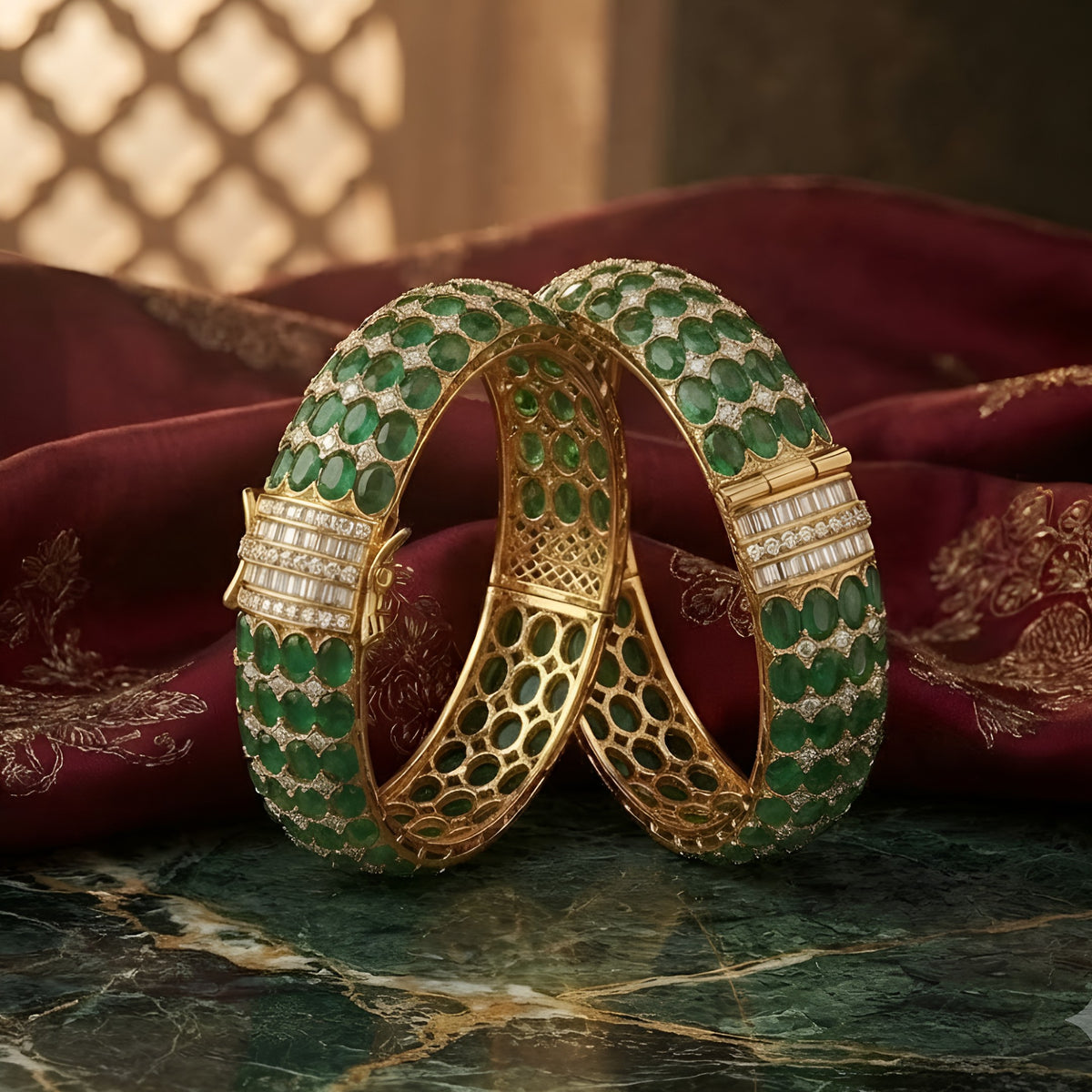 Pair of gold-plated Victorian style emerald green kada bangles with oval green stones, zircon pavé accents, baguette clasp panel and open lattice inner side