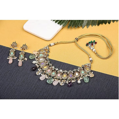 Multicolour kundan choker necklace set with gemstone drops and matching drop earrings