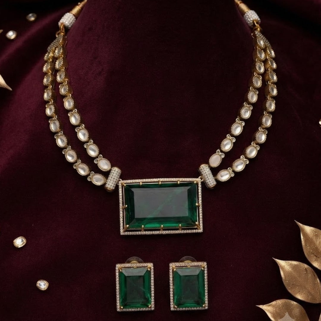 Green Crystal Pendant Necklace Set with Earrings Gold Plated Statement