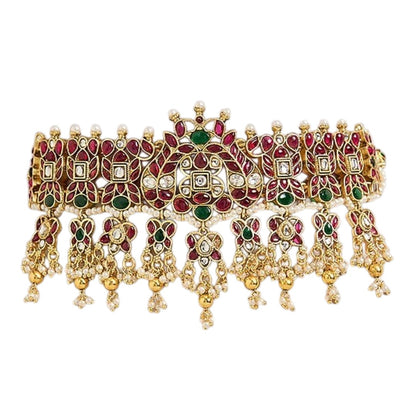 Traditional red green stone gold-tone choker necklace set with matching earrings