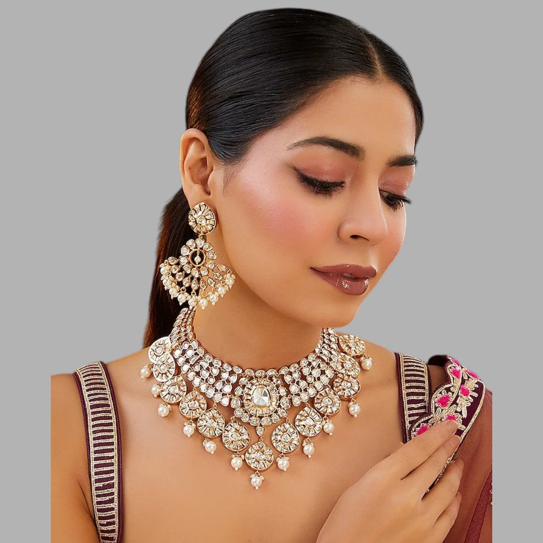 Polki Kundan Choker Necklace Set with Pearl Drops