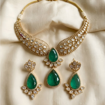 Gold Kundan Necklace Set with Green Stone Pendant & Matching Earrings