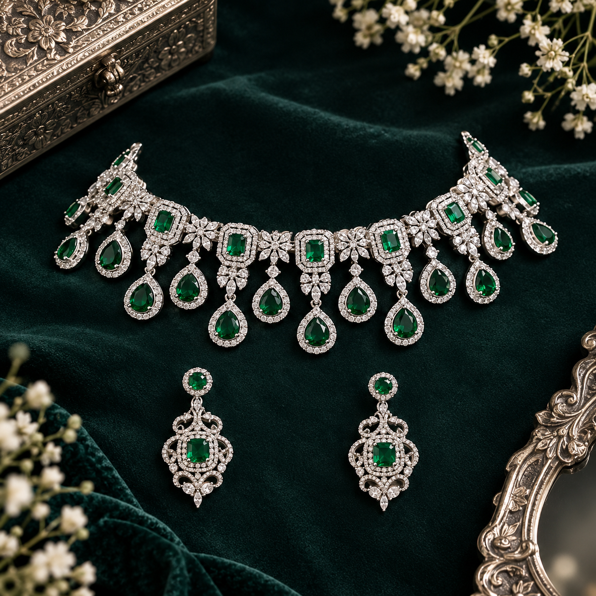 Silver finish American diamond choker necklace set with emerald green stones, pear drops, zircon flower motifs and matching scrollwork drop earrings – Auraa Trends
