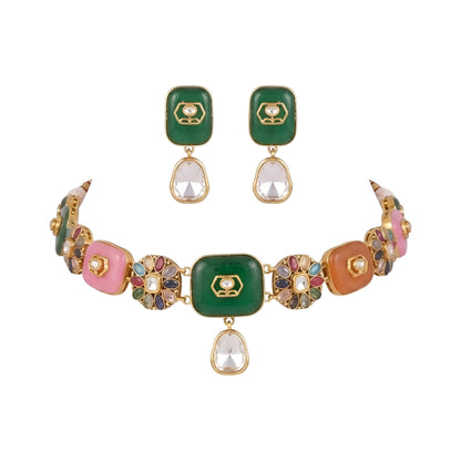 Gold-Plated Kundan Navratna Choker Set with Earrings