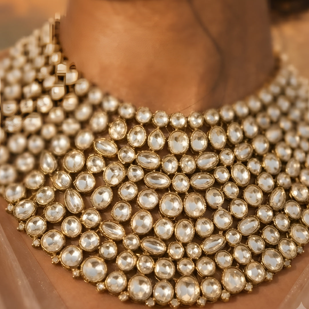 "Gold-tone kundan studded bib-style bridal necklace set with matching round stud earrings on white background"