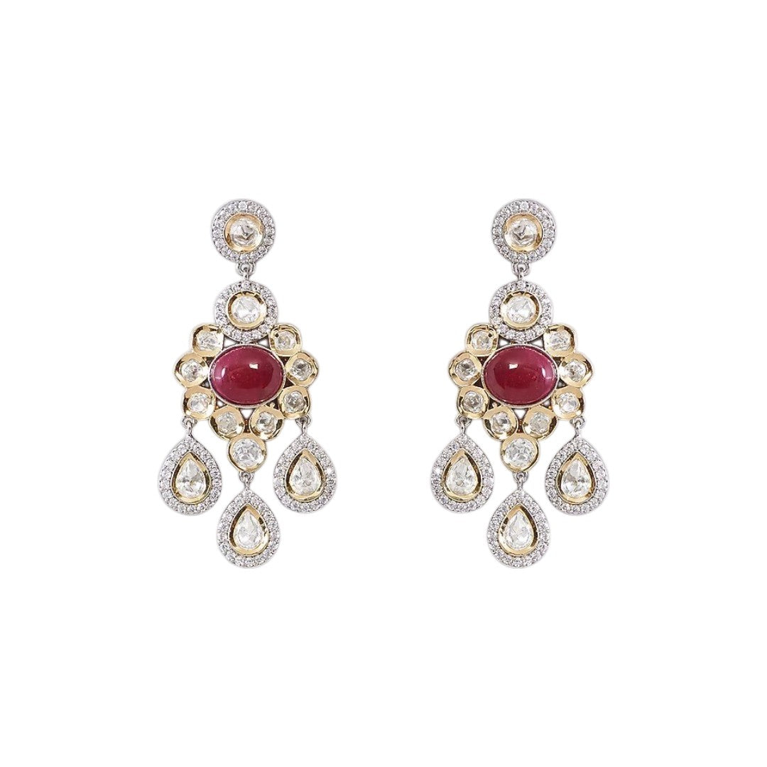 Ruby red cabochon polki chandelier earrings with pear-shaped drops and zircon halo in two-tone gold and silver finish