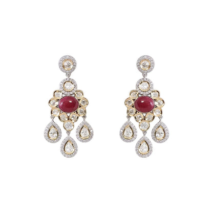 Ruby red cabochon polki chandelier earrings with pear-shaped drops and zircon halo in two-tone gold and silver finish