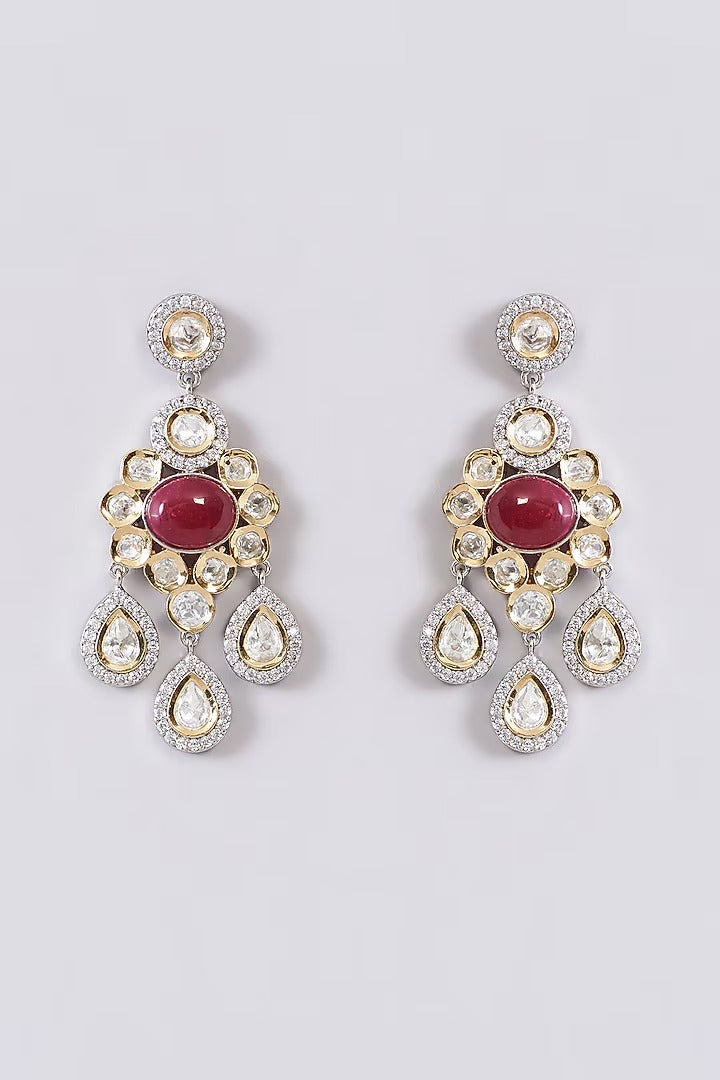 Ruby red cabochon polki chandelier earrings with pear-shaped drops and zircon halo in two-tone gold and silver finish