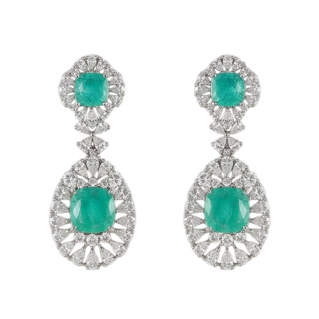 "Silver rhodium-plated multi-tier bridal necklace set with white American diamonds and cushion-cut emerald green stones, paired with matching drop earrings"