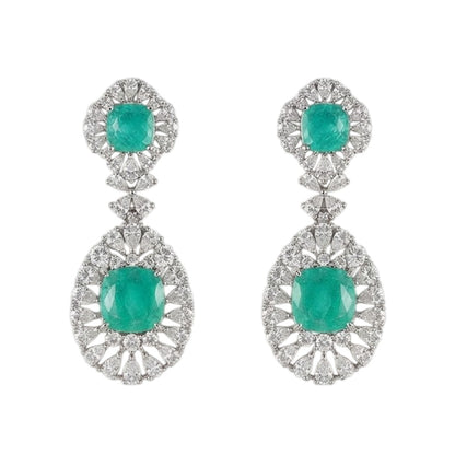 "Silver rhodium-plated multi-tier bridal necklace set with white American diamonds and cushion-cut emerald green stones, paired with matching drop earrings"