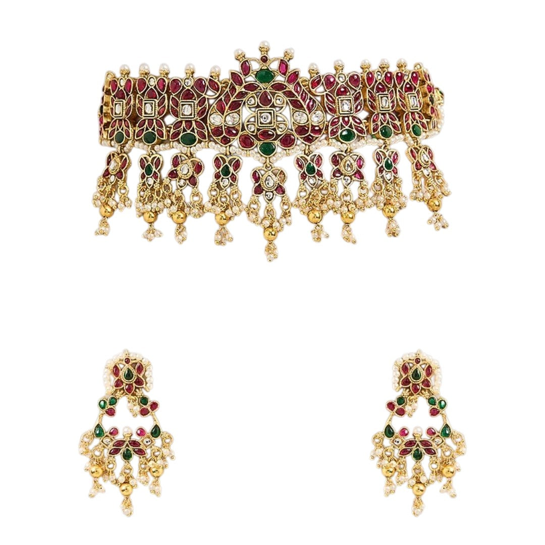 Traditional red green stone gold-tone choker necklace set with matching earrings