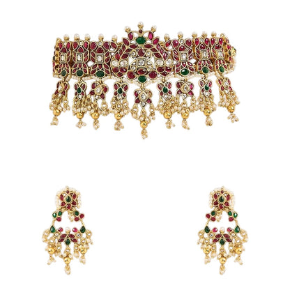 Traditional red green stone gold-tone choker necklace set with matching earrings