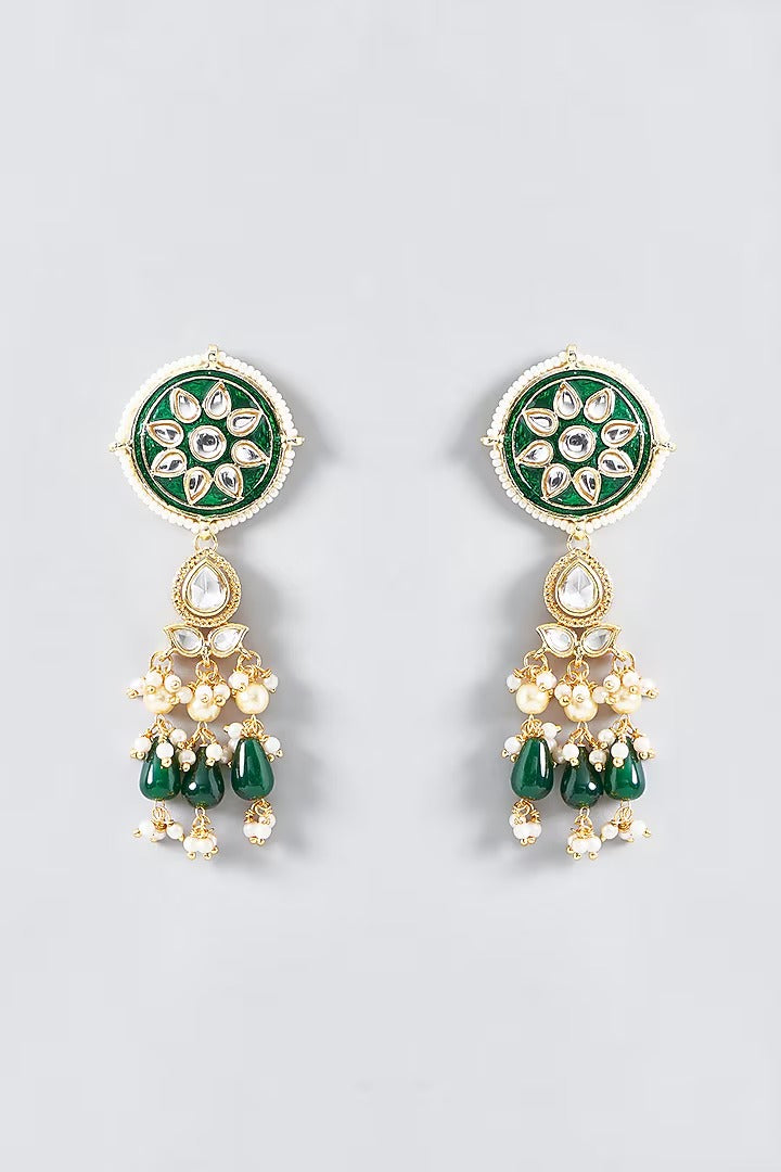 Meenakari kundan round disc choker set with green bead drops and matching earrings