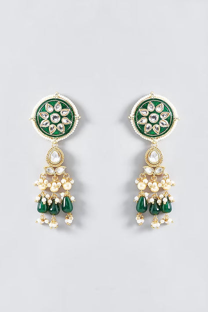 Meenakari kundan round disc choker set with green bead drops and matching earrings