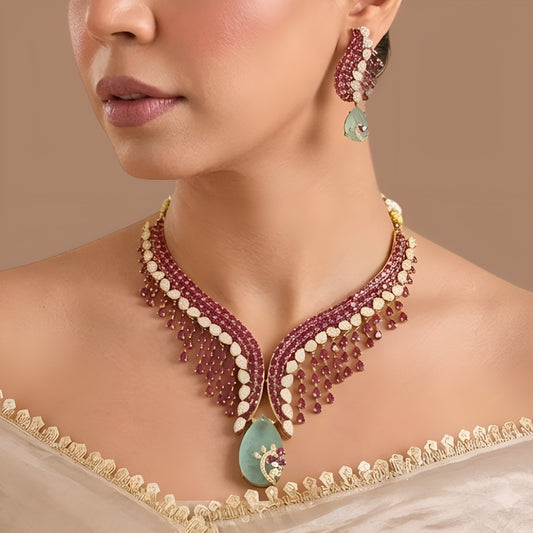 Ruby red and white zircon wing-shaped collar necklace with mint green pear pendant and cascading drops