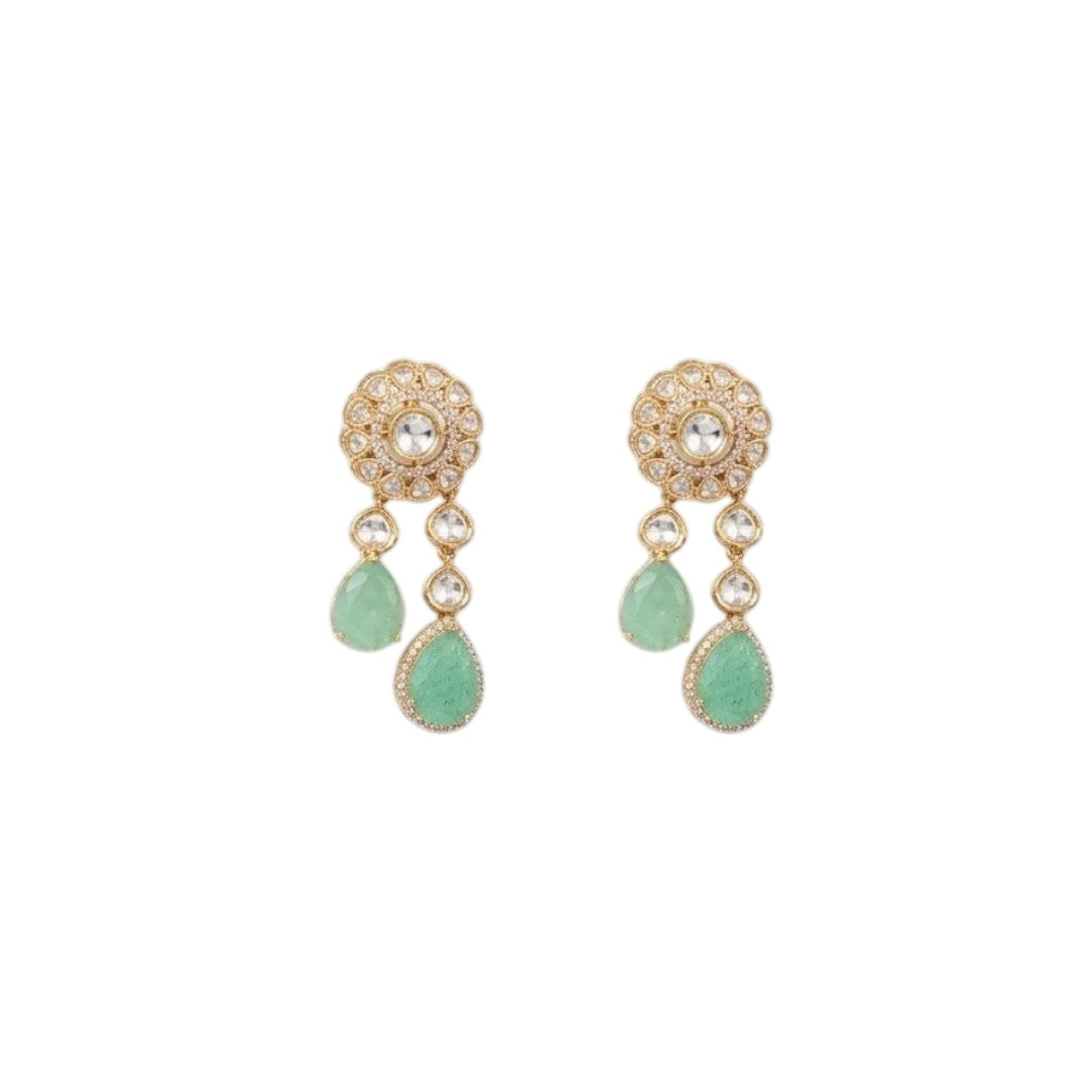 Gold kundan polki choker necklace set with mint green pear drops and matching floral earrings by Auraa Trends