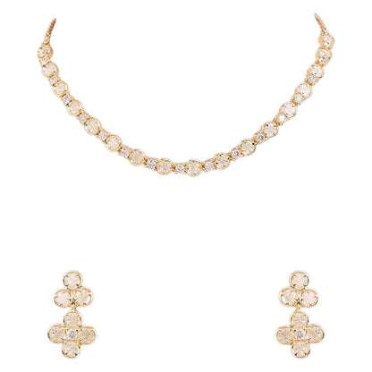 Gold-tone American Diamond necklace set with floral drop earrings