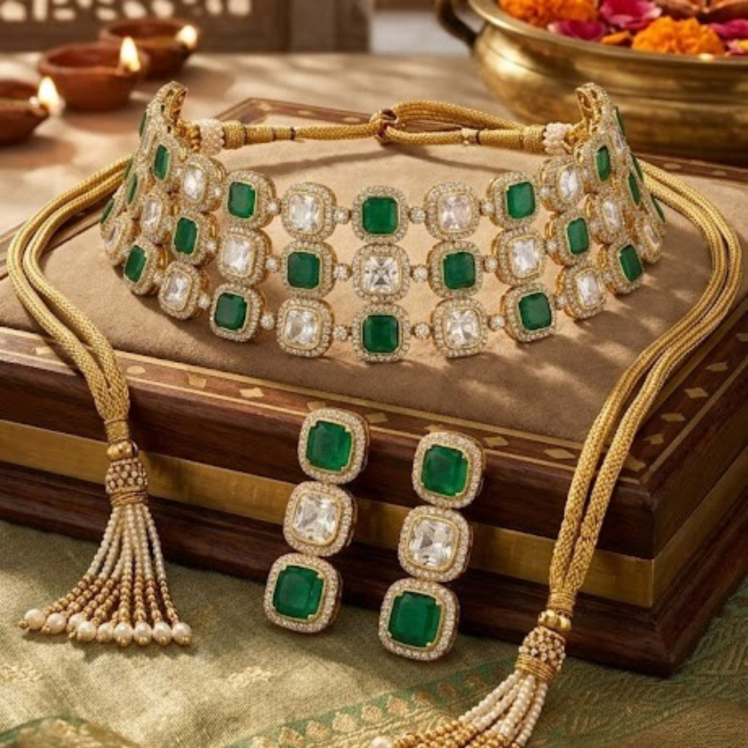 Luxury emerald green and white stone choker necklace set with matching earrings on white background.