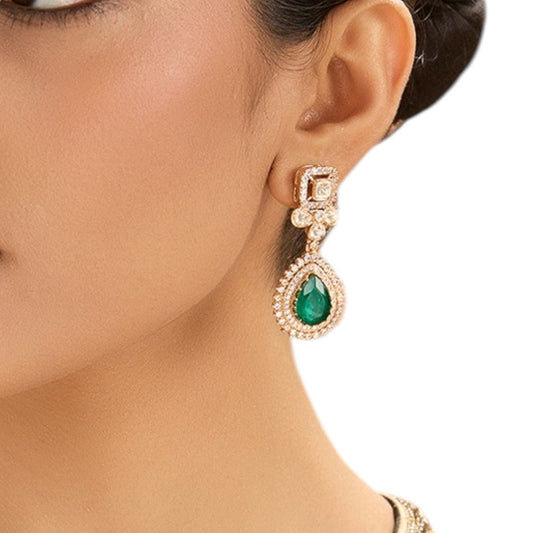 Beautiful Emerald Drop Kundan Earrings – Gold Plated Statement Jewelry - Auraa Trends - Earrings -  - Auraa Trends - A pair of gold - finished Kundan earrings with emerald green teardrop stones and floral detailing, placed on a white background