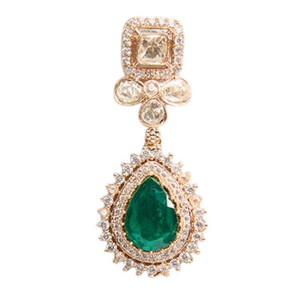 Beautiful Emerald Drop Kundan Earrings – Gold Plated Statement Jewelry - Auraa Trends - Earrings -  - Auraa Trends - A pair of gold - finished Kundan earrings with emerald green teardrop stones and floral detailing, placed on a white background