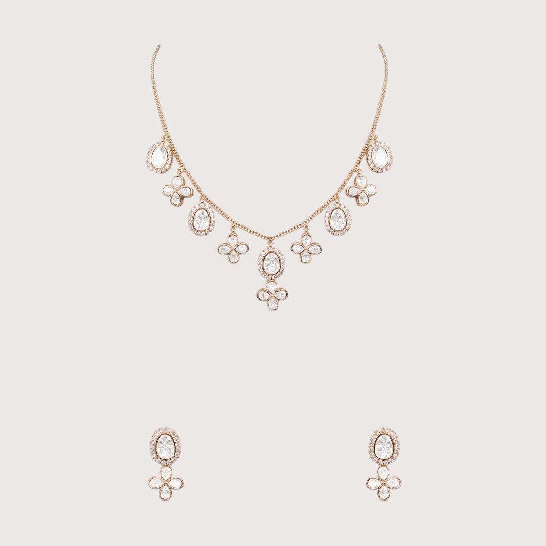 Beautiful Floral Kundan Necklace Set with Drop Accents - Auraa Trends - Necklaces - # - Auraa Trends - Beautiful Floral Kundan Necklace Set with Drop Accents