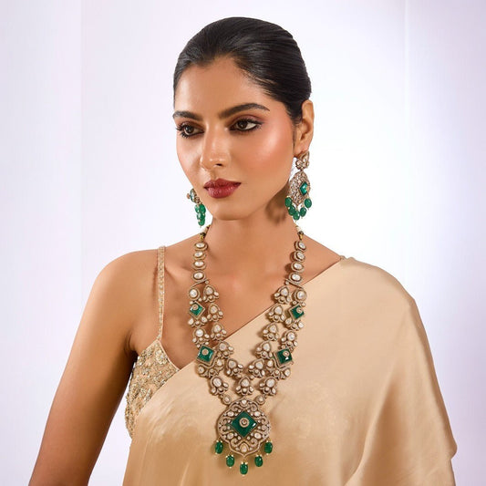 Traditional necklace and earrings Green and pearl jewelry Elegant wedding accessories Indian bridal jewelry