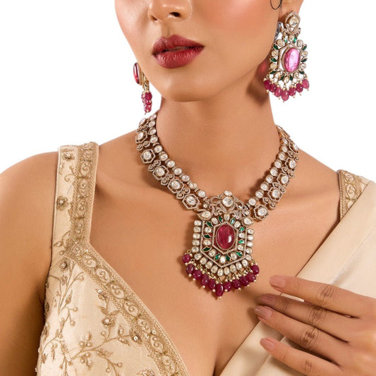 Beautiful Ruby Kundan Necklace Set with Designer Stud Earrings and Pearl Embellishments - Auraa Trends - necklace - jewelry