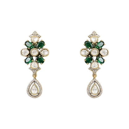 "Emerald green Kundan-style necklace and earring set with antique gold finish and white stone accents"