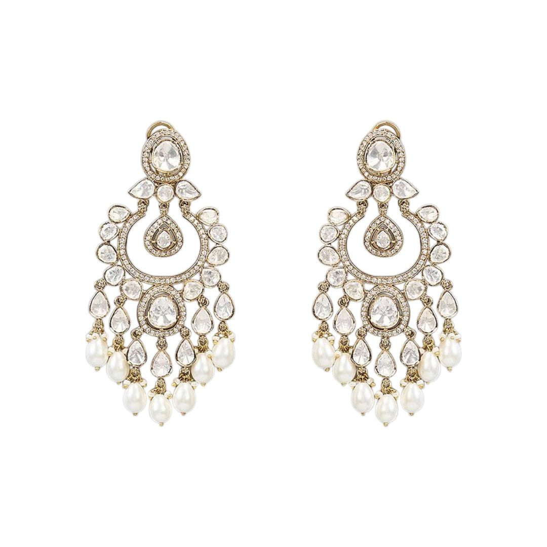 Antique gold polki chandbali earrings with pear-shaped stones, zircon halo and teardrop pearl drops