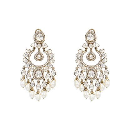 Antique gold polki chandbali earrings with pear-shaped stones, zircon halo and teardrop pearl drops