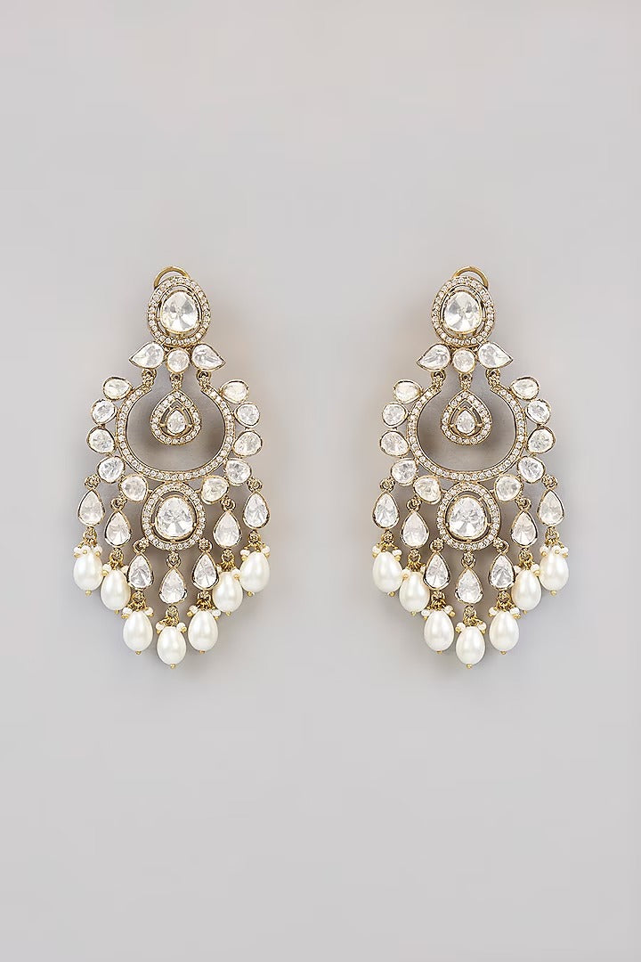 Antique gold polki chandbali earrings with pear-shaped stones, zircon halo and teardrop pearl drops