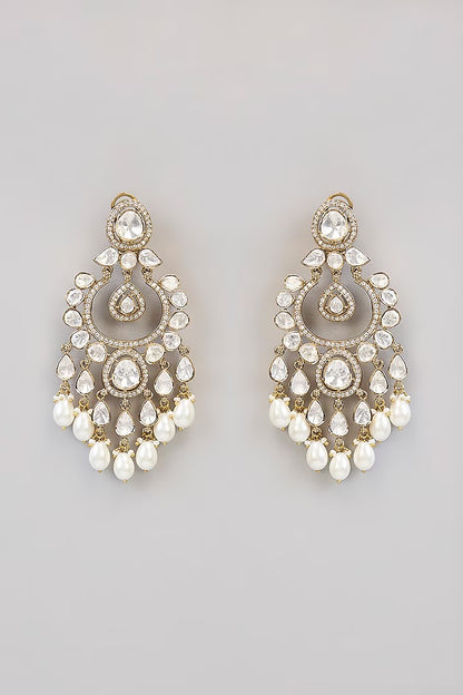 Antique gold polki chandbali earrings with pear-shaped stones, zircon halo and teardrop pearl drops